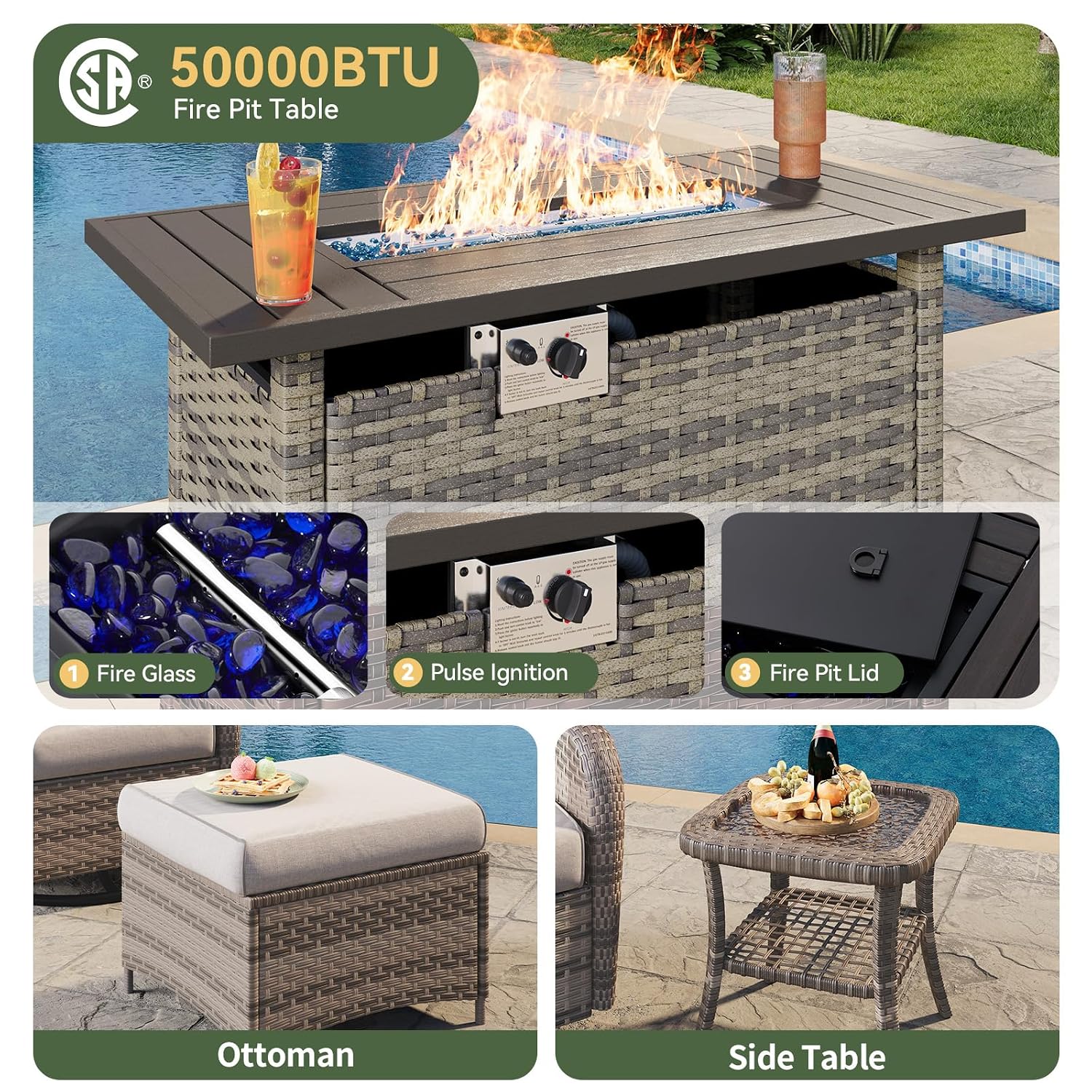 Set da Patio in Vimini a 7 Pez - Outdoor Furniture Set With Fire Pit recensione e prezzo